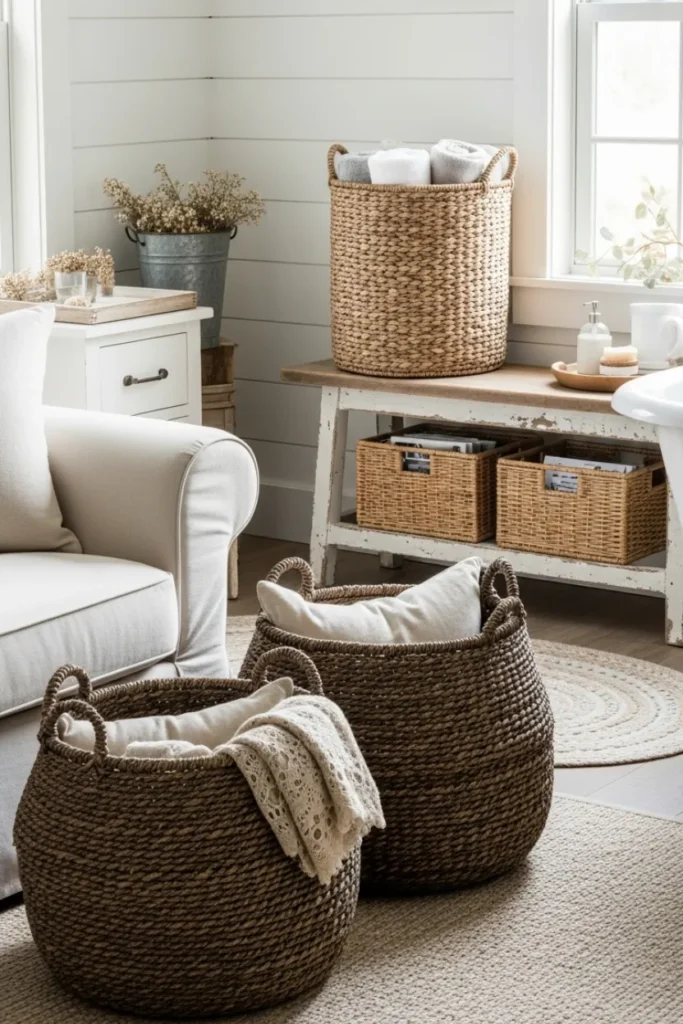 Farmhouse Decor Using Woven Baskets for Storage