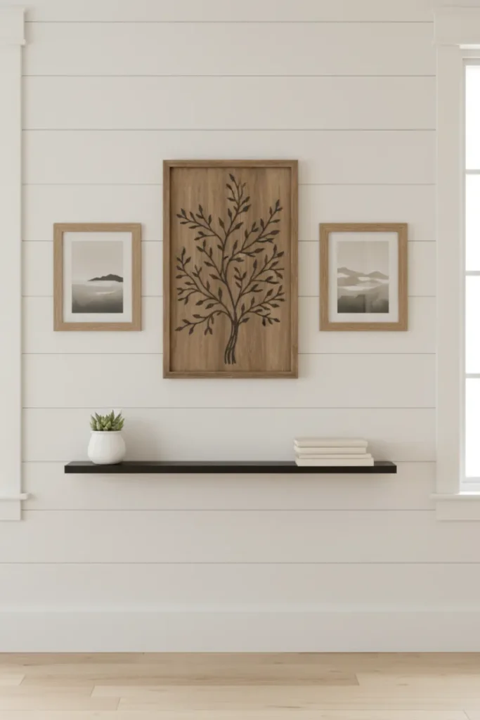 Farmhouse Wall Decor Using Wood and Metal Accents