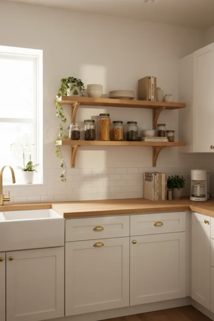 Open Wooden Shelves with Styling Decor