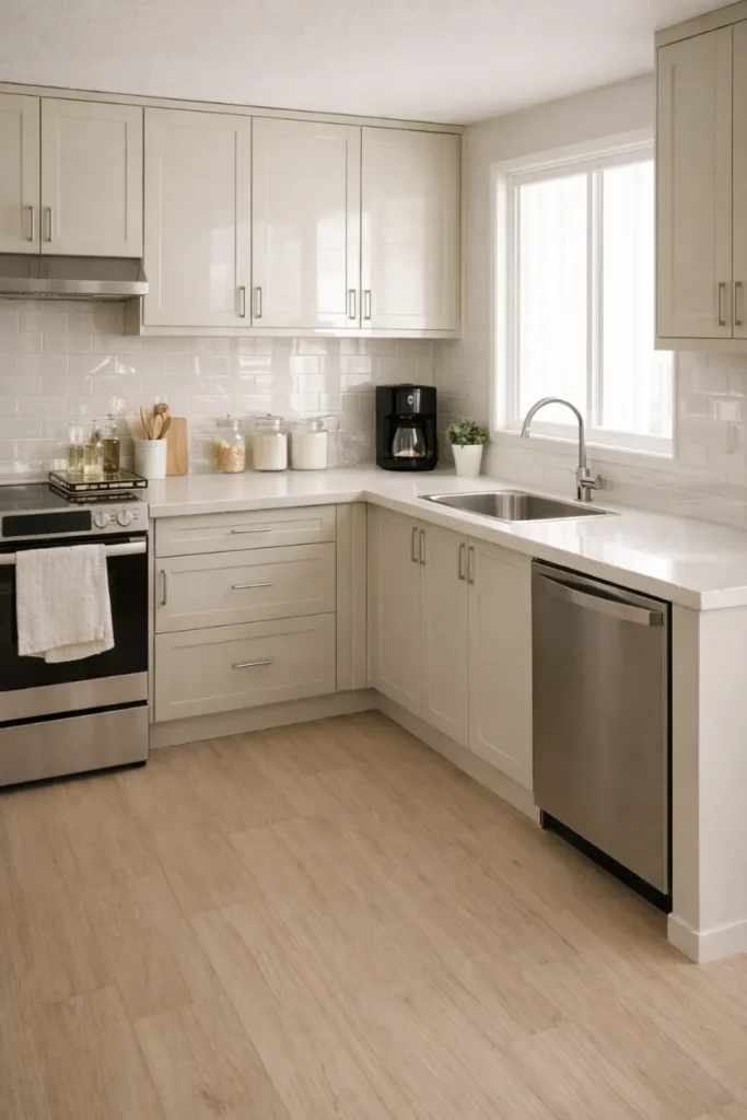 Apartment Kitchen Decor Using Reflective and Light Enhancing Elements