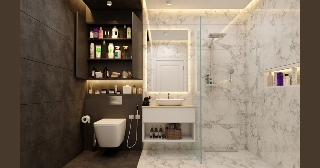 Bathroom Layout with Storage Wall Idea