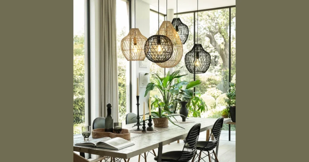 Coastal Dining Room with Statement Woven Lighting