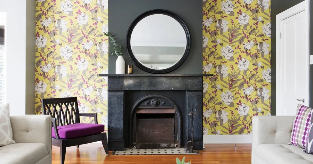 Dining Room With Fireplace and Accent Wallpaper