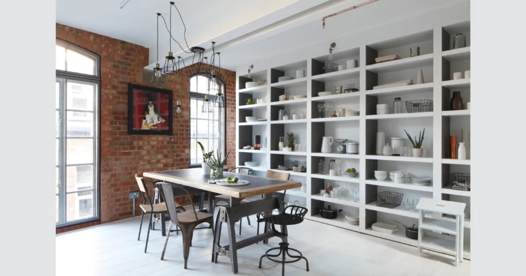 Eclectic Dining Room with Open Shelving Displays