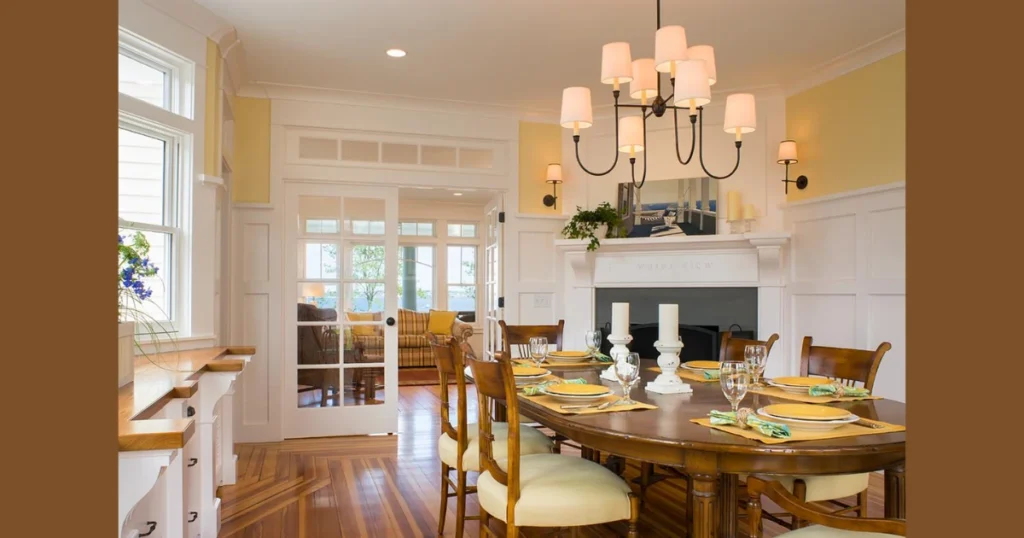 Small Dining Room With a Corner Fireplace Layout