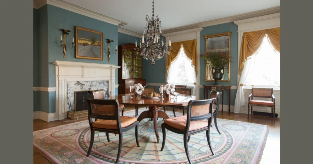 Luxury Dining Room With a Marble Fireplace Wall