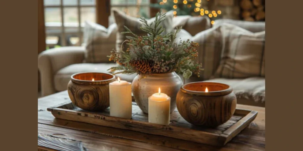 Wooden Tray Centerpiece With Candles and Decorative Accents