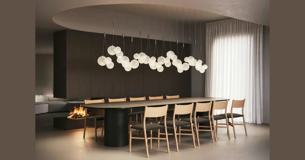 Minimalist Dining Room with Statement Pendant Lighting