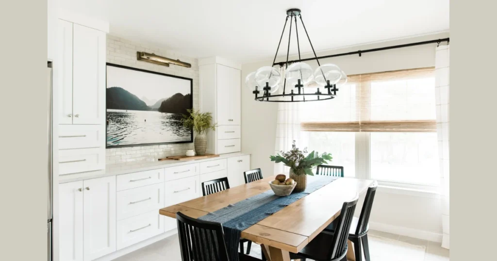 Minimalist Dining Room with Built In Storage