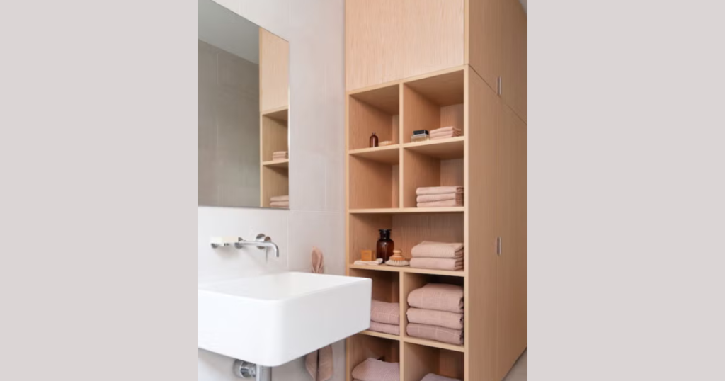 Open Wooden Shelves for Practical Storage