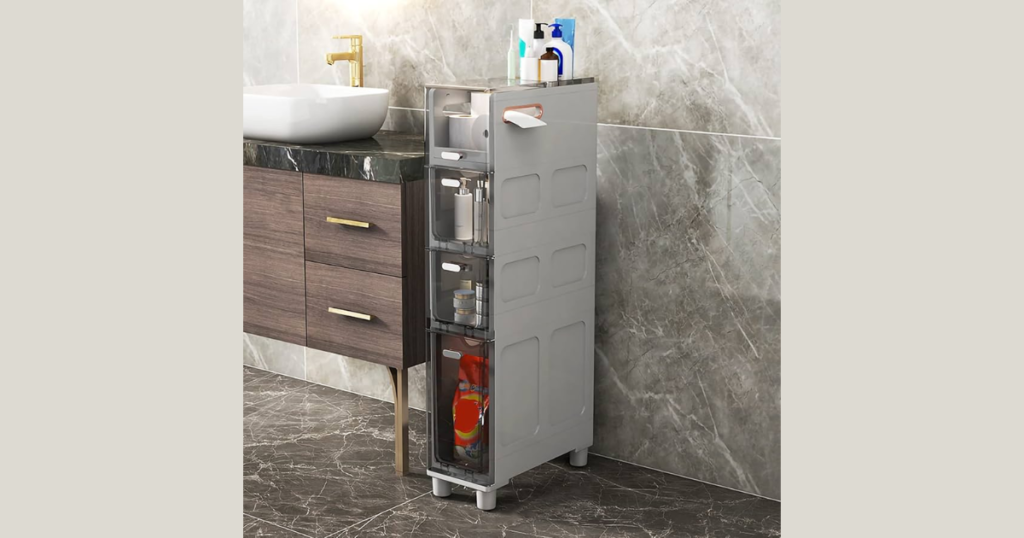 Slim Storage Towers Beside the Sink