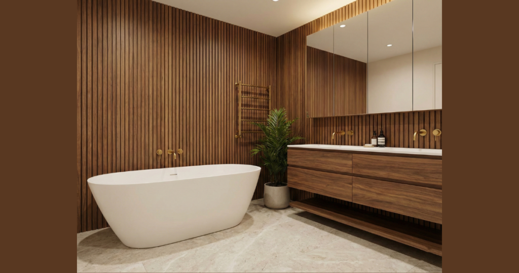 Wood Slat Bathroom Accent Wall for Warm Modern Look