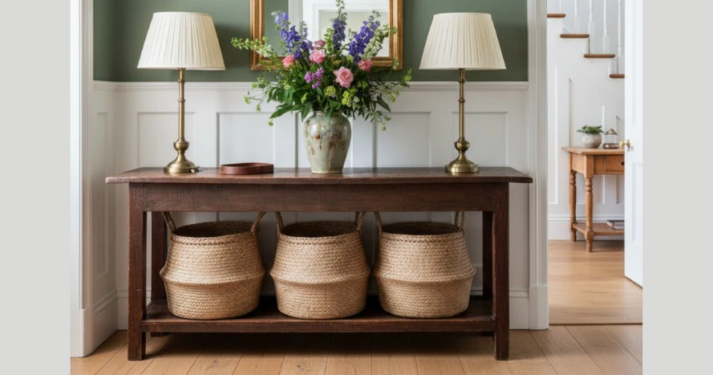 console table with decorative baskets underneath