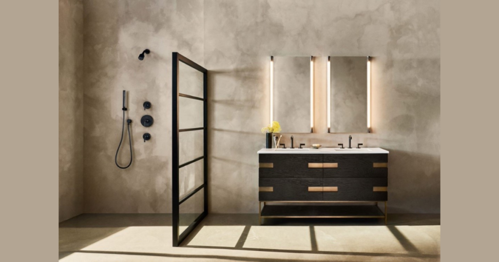 metallic finish bathroom accent wall for light reflection