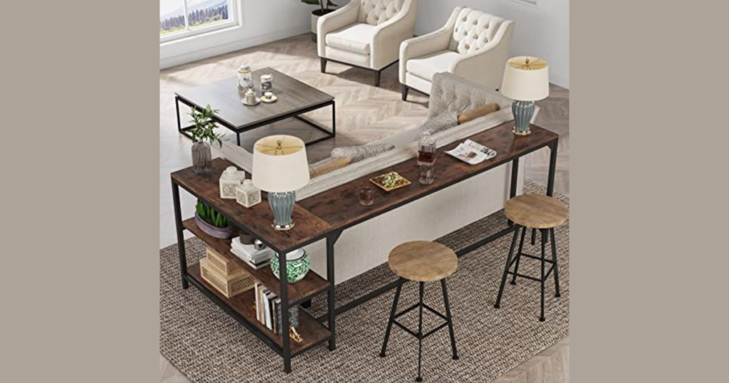 narrow console table behind the dining table