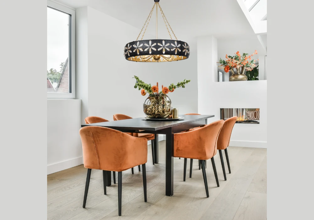 70 Inch Dining Table with Statement Lighting