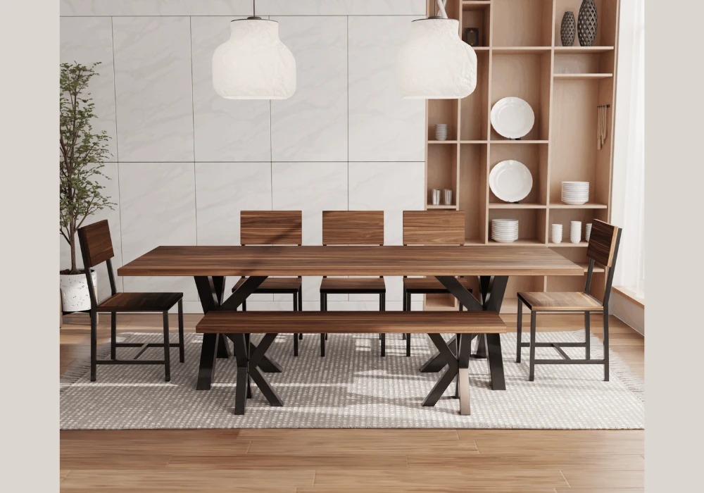 Bench on One Side with Chairs on the Other