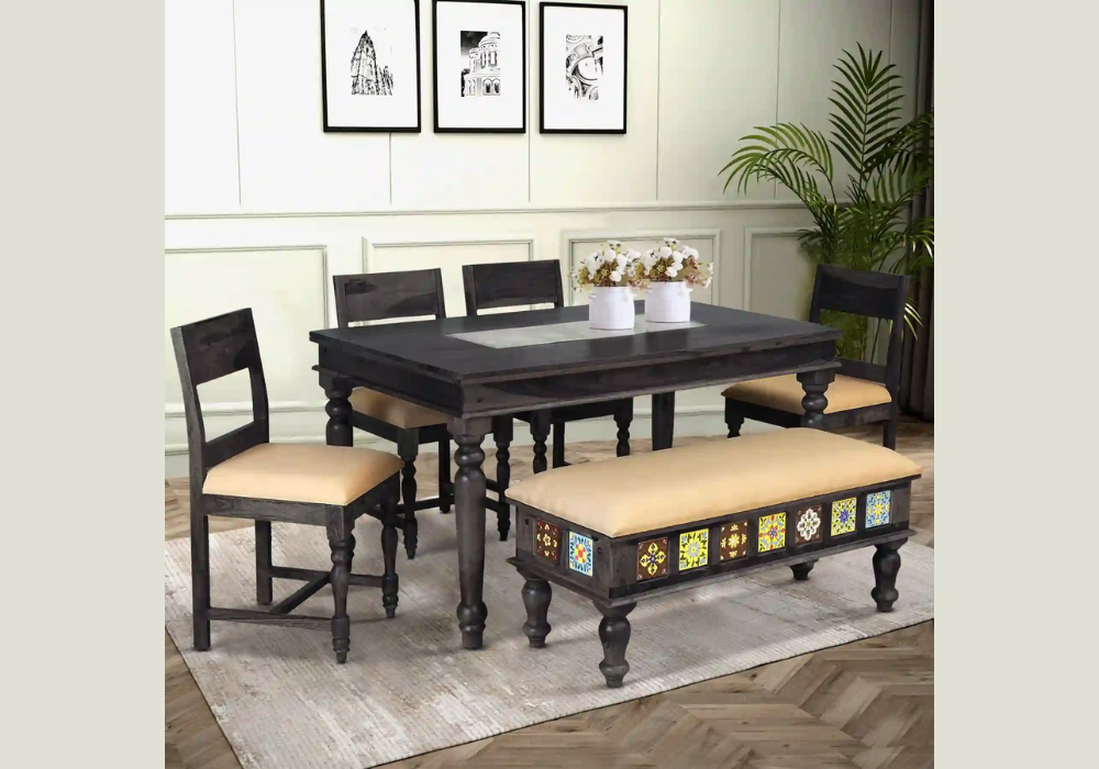 Dark Wood Dining Table with Bench Seating