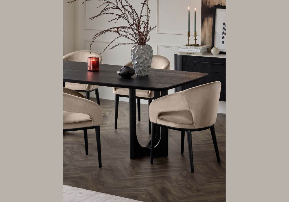 Dark Wood Dining Table with Light Upholstered Chairs