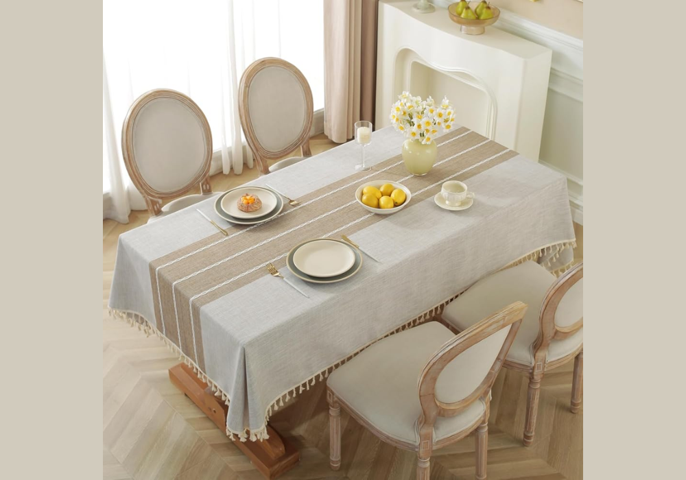 Farmhouse Dining Table with Linen Table Runner