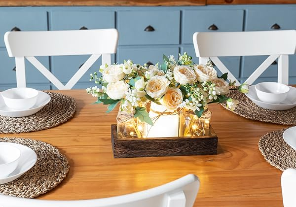 Farmhouse Dining Table with Mason Jar Centerpiece