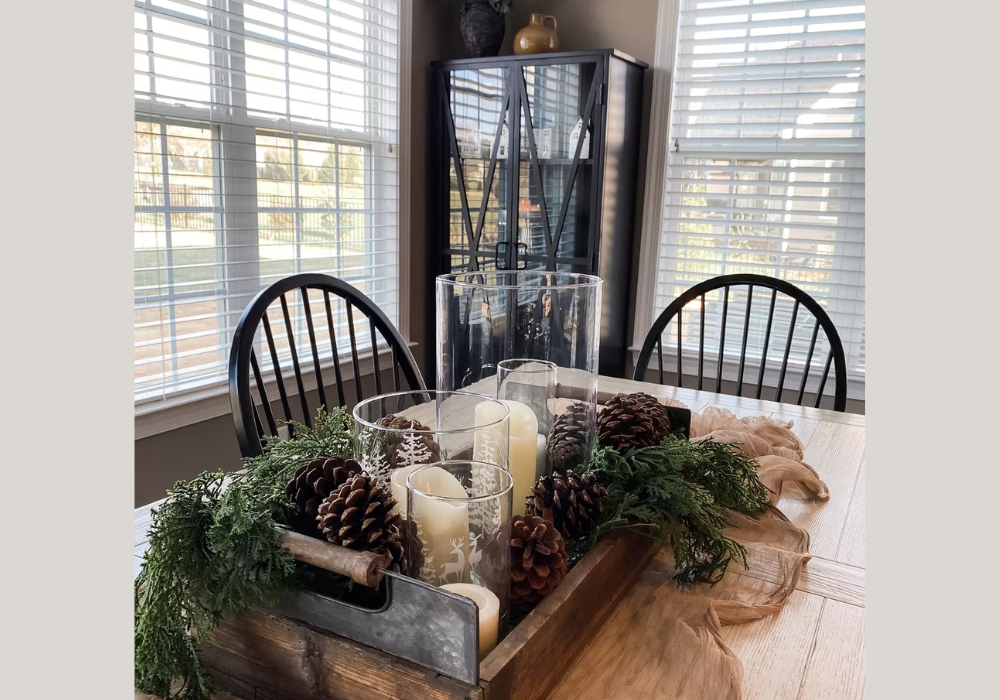 Farmhouse Dining Table with Wooden Tray Centerpiece