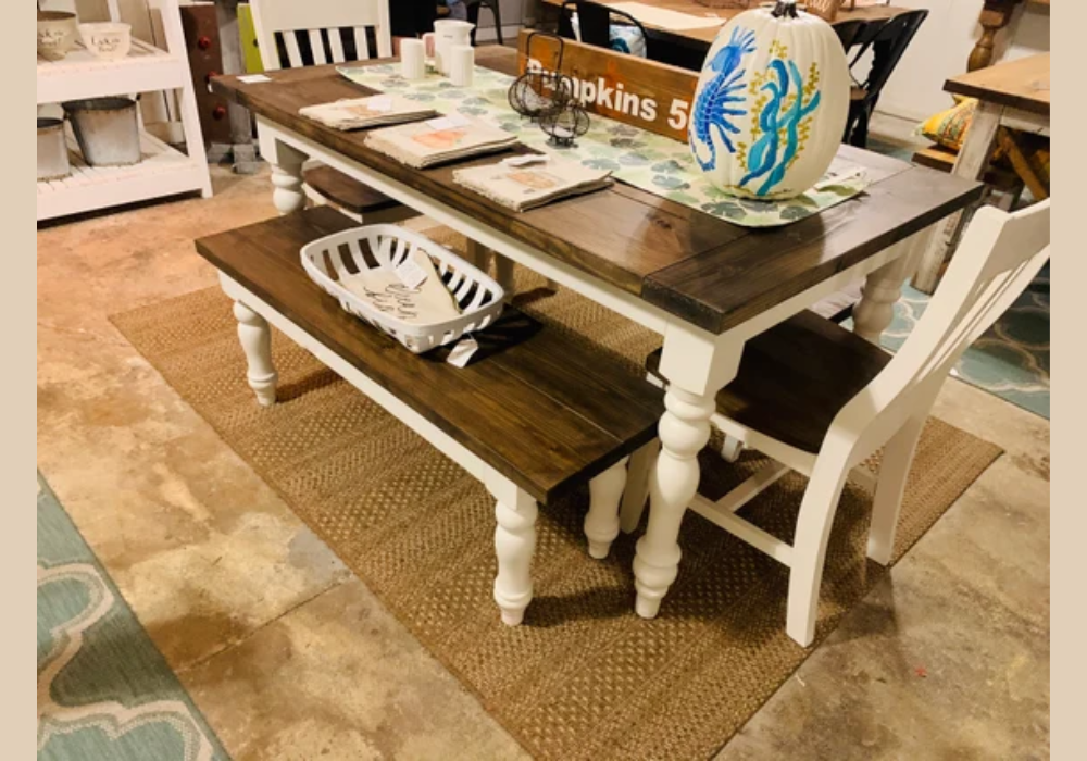 Farmhouse Vintage Table with Wooden Bench