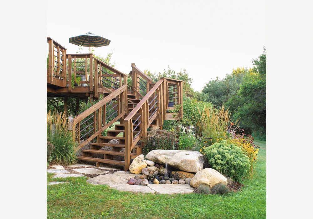 Garden Stair Railing Ideas With Natural Wood