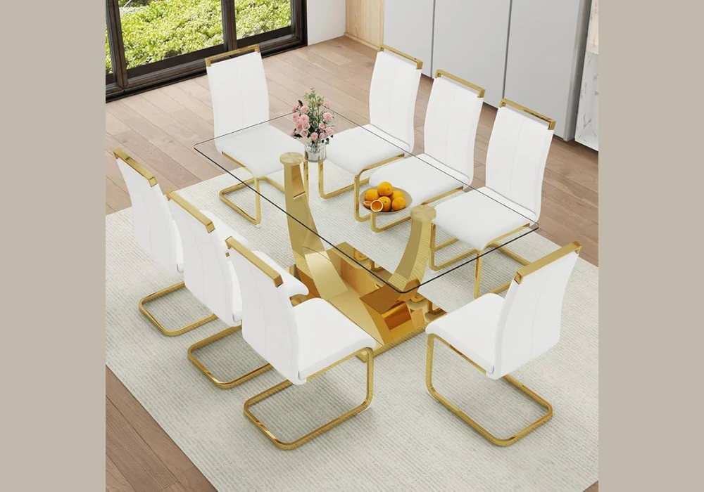 Glass Dining Table With 8 Chairs for an Airy Feel