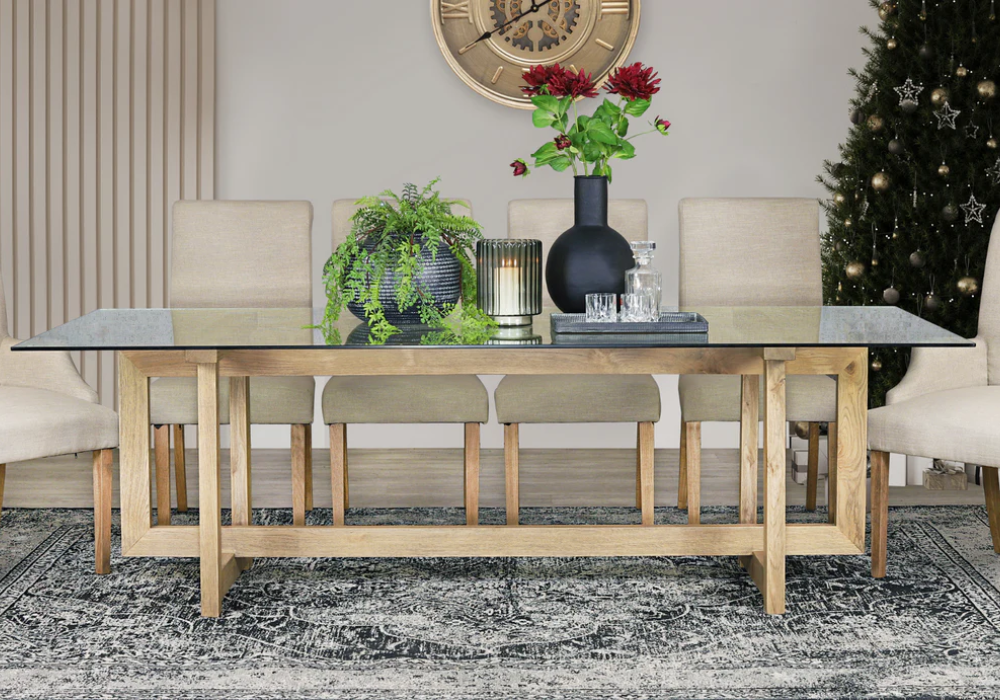 Glass Dining Table with Greenery Decor