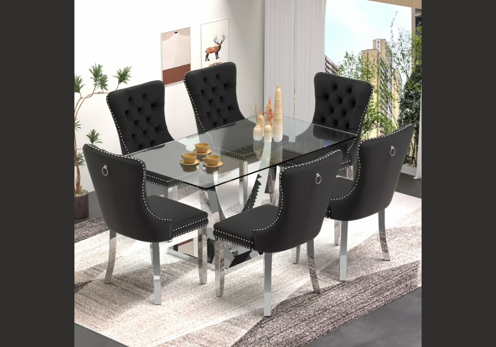 Glass Dining Table with Velvet Chairs