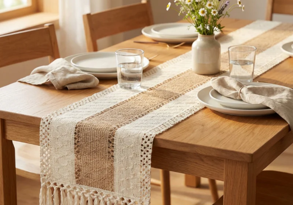 Japandi Dining Table with Neutral Linen Table Runner