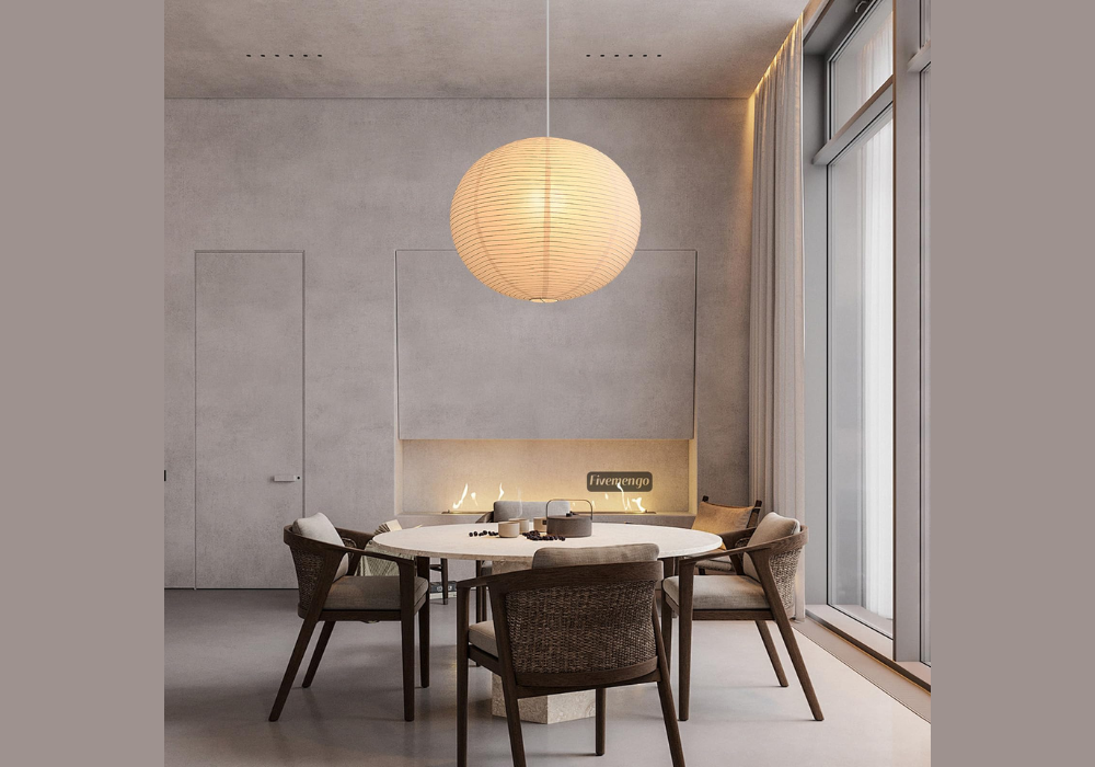 Japandi Dining Table with Paper Pendant Lighting