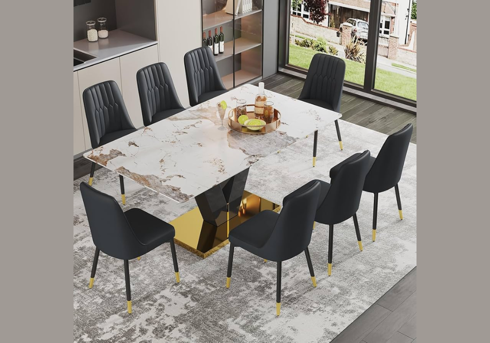 Marble Dining Table with Black Dining Chairs