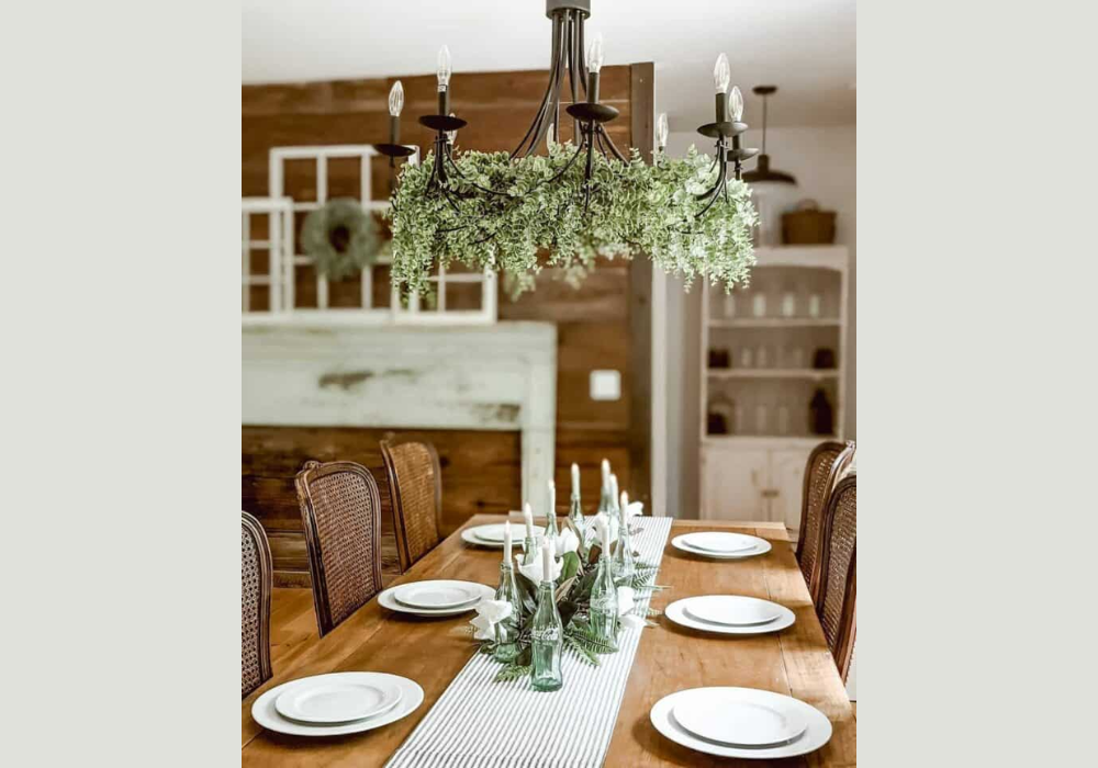 Oak Dining Table with Greenery Centerpiece
