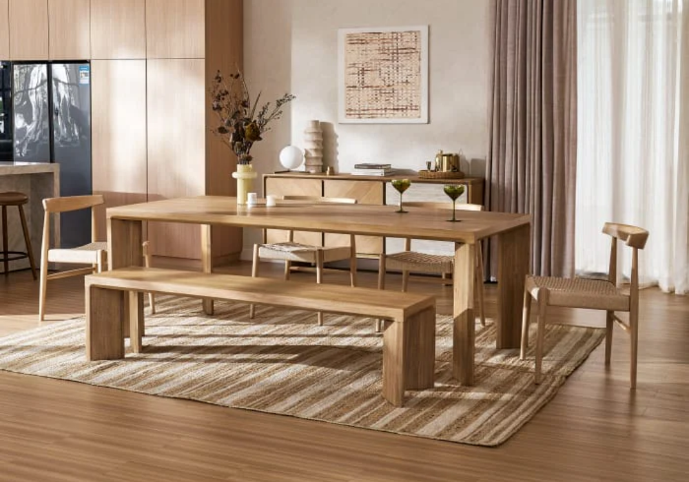 Rectangular Japandi Dining Table with Wooden Bench