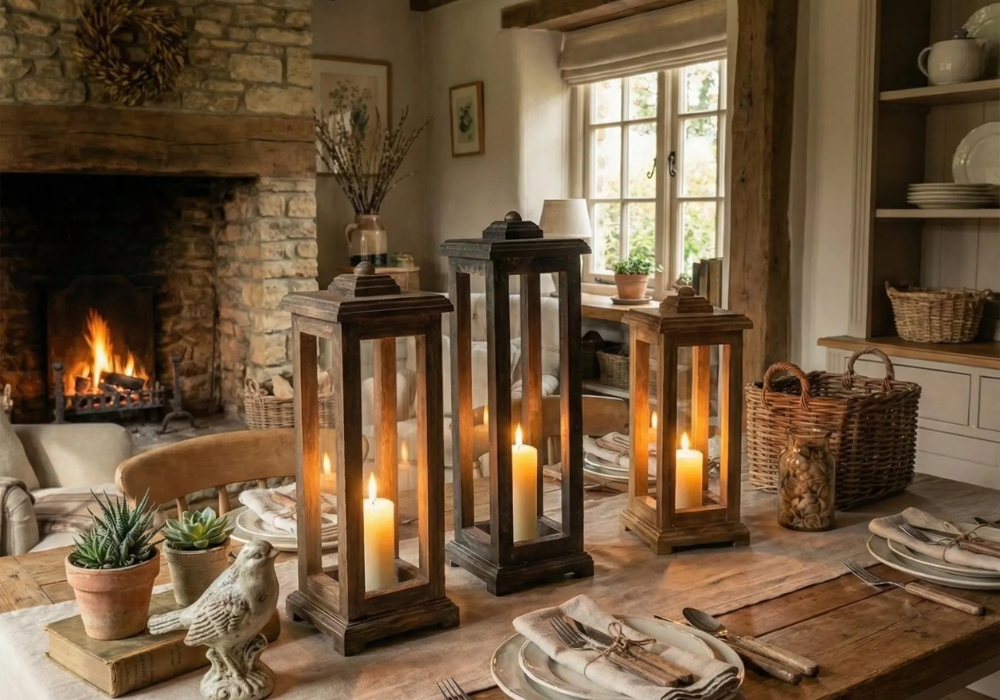 Rustic Dining Table with Candle Decor