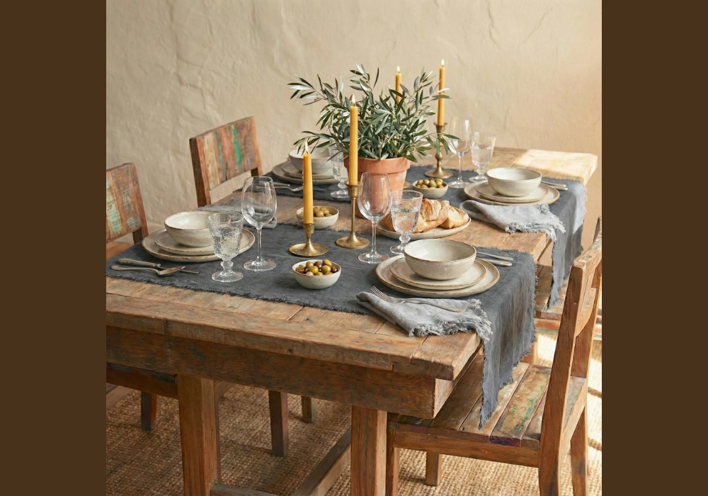 Rustic Dining Table with Linen Table Runner