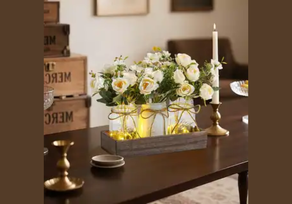 Rustic Dining Table with Mason Jar Centerpiece