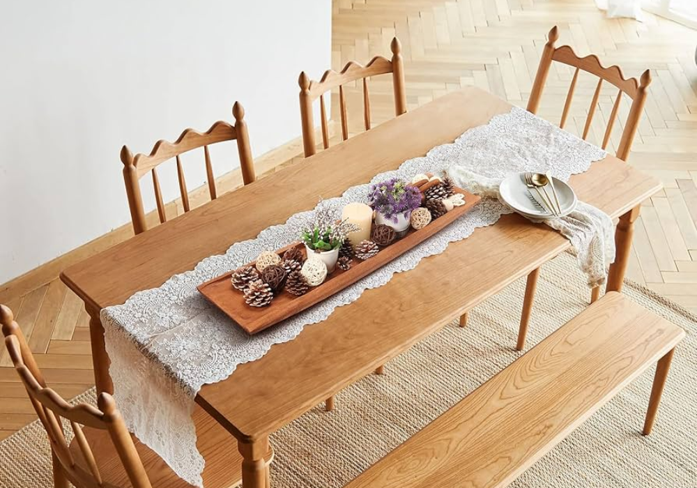 Rustic Dining Table with Natural Wood Bowl Centerpiece
