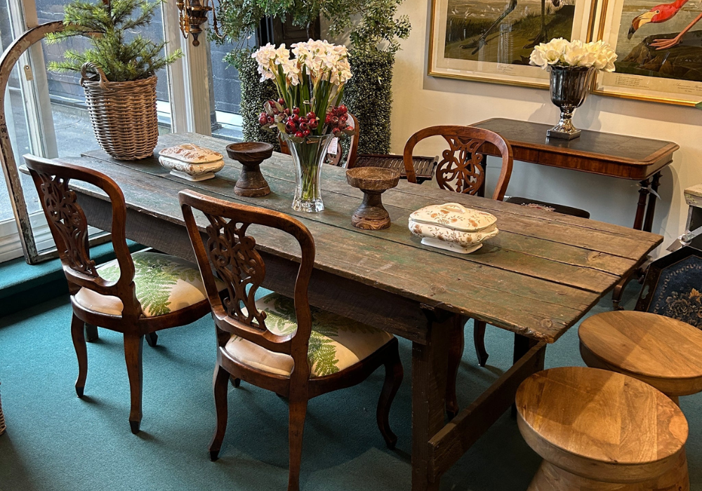Rustic Dining Table with Vintage Wooden Chairs