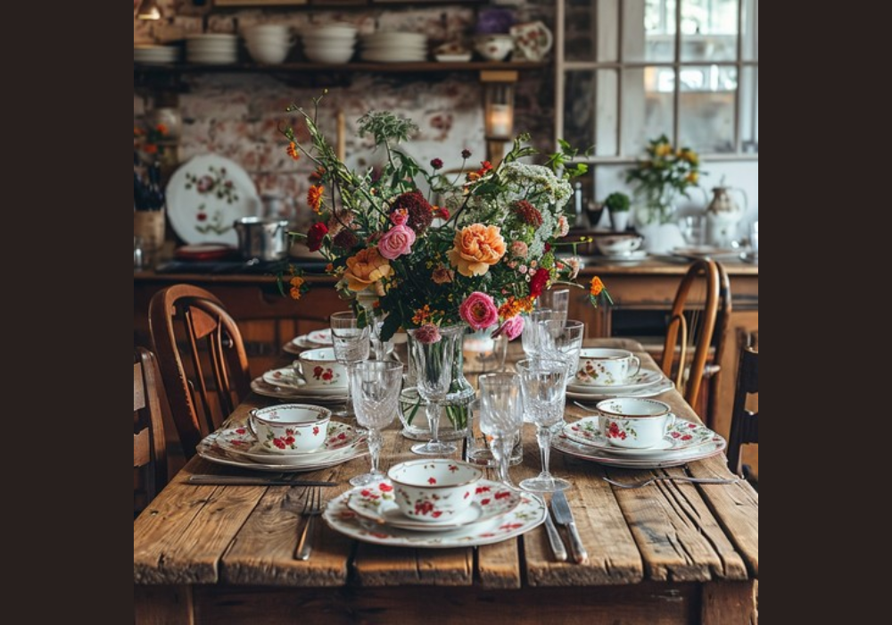 Rustic Dining Table with Wildflower Arrangement