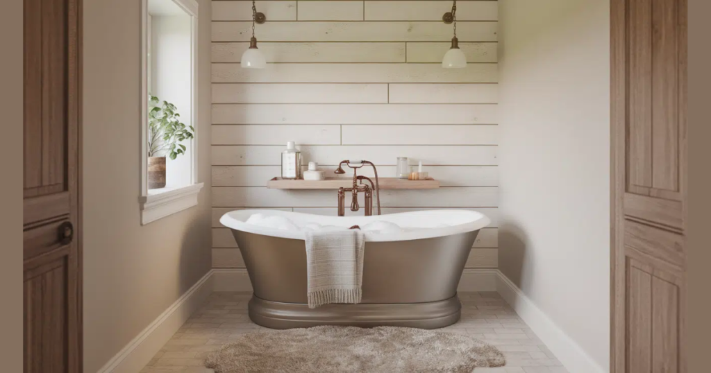 Shiplap Behind the Bathtub for Spa Feel