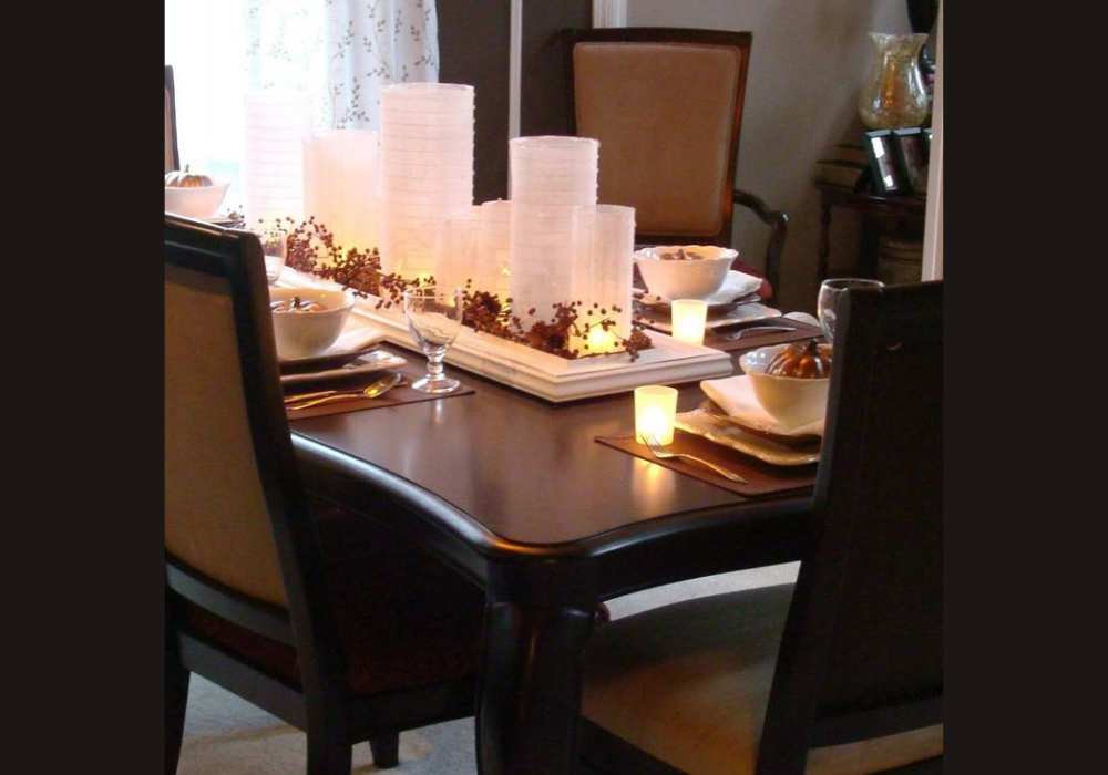 Solid Wood Dining Table with Candle Arrangement