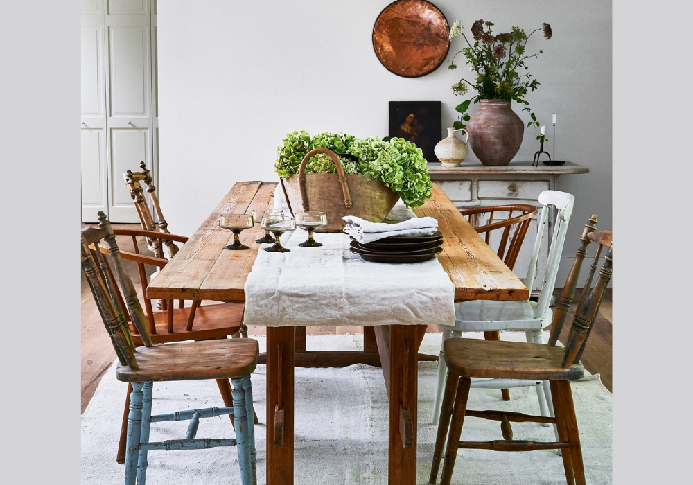 Solid Wood Dining Table with Greenery Centerpiece