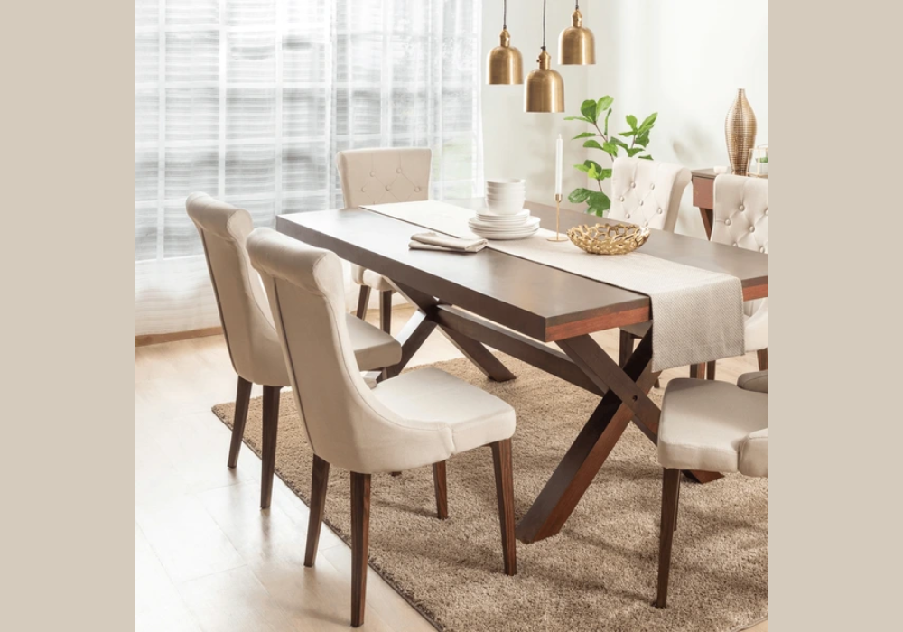 Solid Wood Dining Table with Linen Table Runner