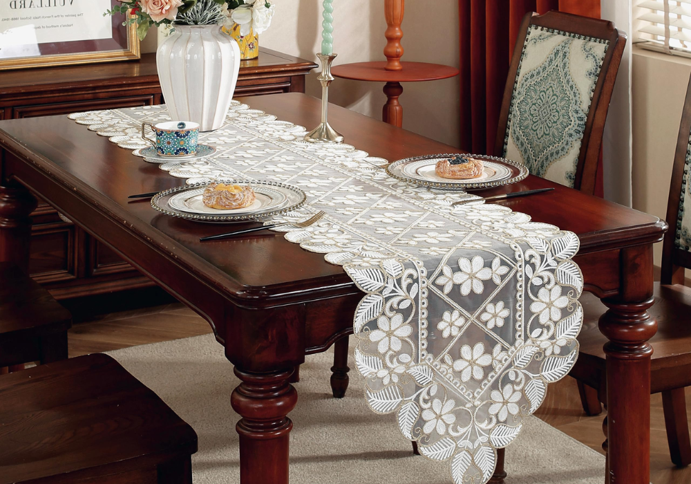 Vintage Dining Table with Lace Table Runner