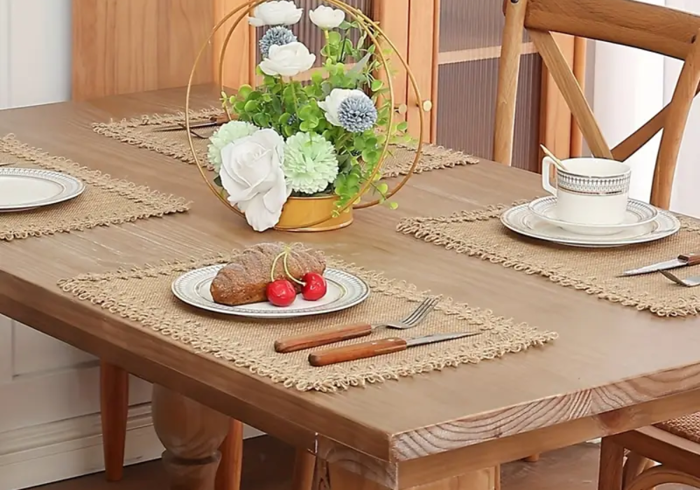 Vintage Dining Table with Woven Placemats