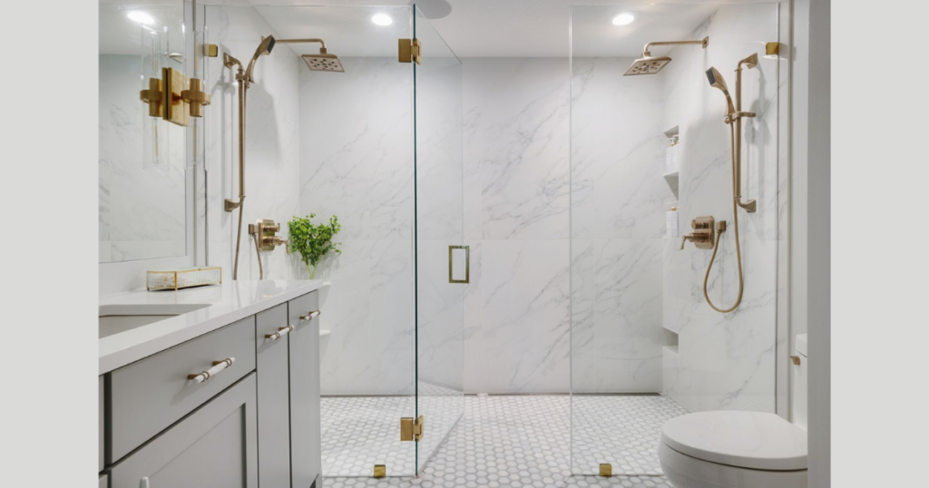 White Bathroom with Gold Hardware Accents