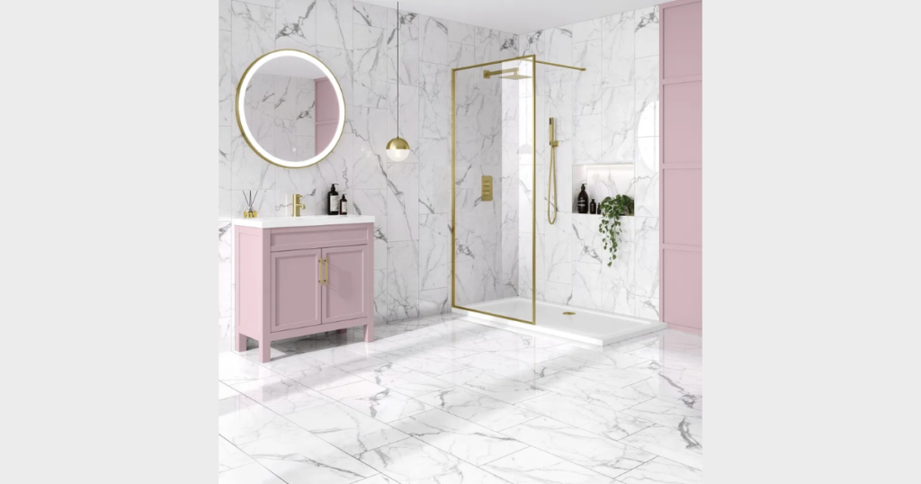 White Bathroom with Patterned Floor Tiles